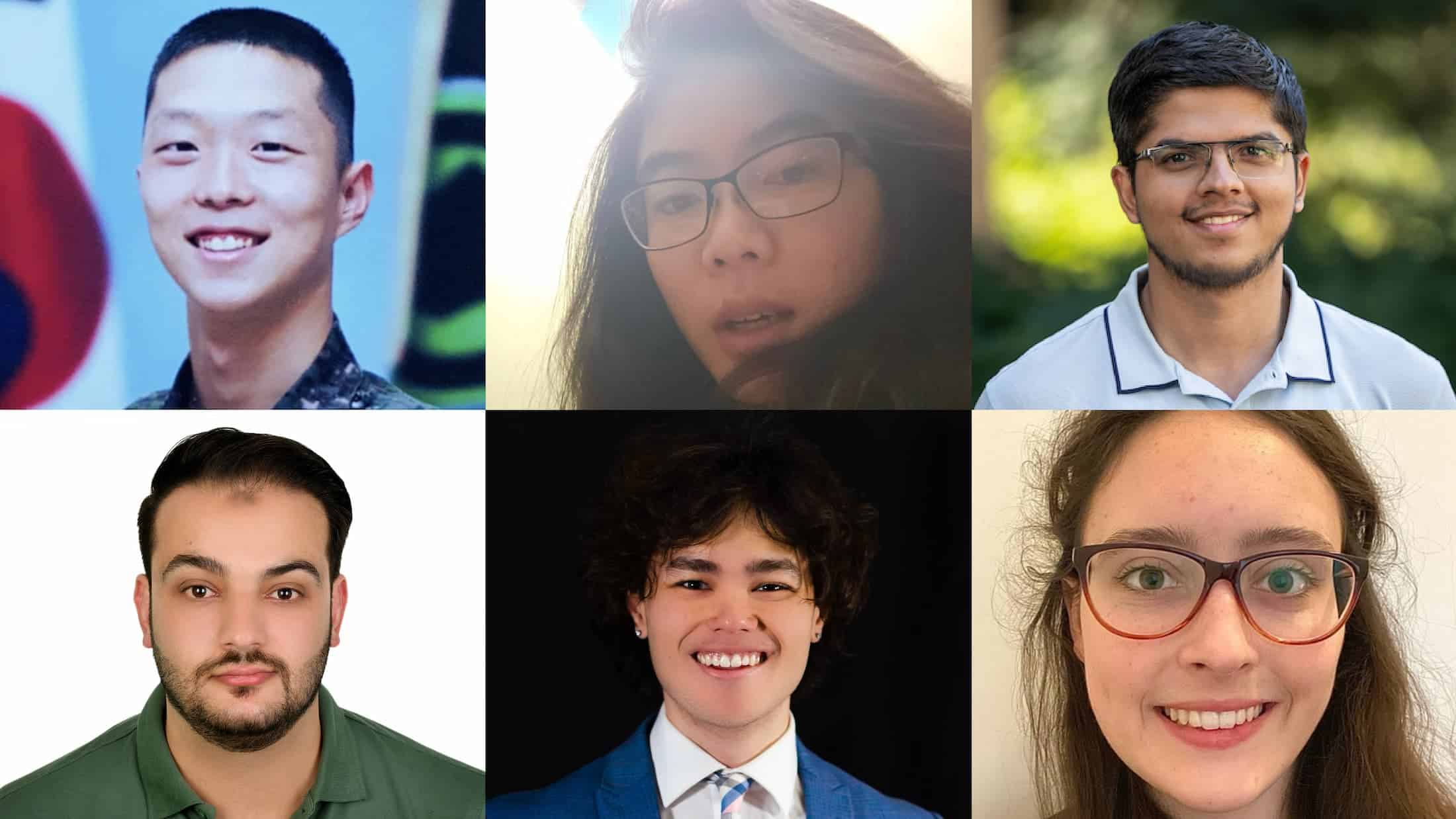 Portraits of O Hwang Kwon, Katie Vu, Naman Bhargava, Mohammed I. Radaideh, Jacob Cooper, and Veda Joynt